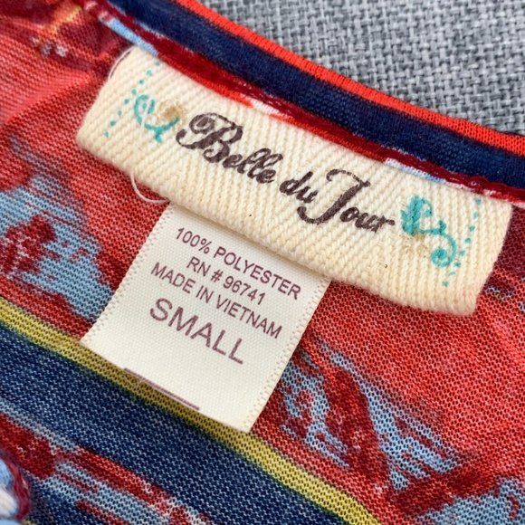 Belle Du Jour Multicolor Shirt Short Cap Sleeve Small Polyester Crisscross Back - Picture 9 of 14